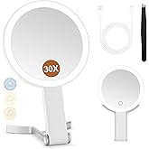 MIYADIVA Magnifying Mirror with Light, Double Sided 30X/1X Lighted Travel Makeup Mirror with Magnification, 3 Color Lighting, Dimmable Touch Screen, Adjustable & Foldable Hand Mirror (White)