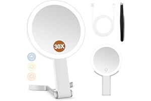 MIYADIVA Magnifying Mirror with Light, Double Sided 30X/1X Lighted Travel Makeup Mirror with Magnification, 3 Color Lighting, Dimmable Touch Screen, Adjustable & Foldable Hand Mirror (White)
