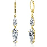 ALEXCRAFT Sterling Silver Long Teardrop Dangle Earrings for Women Hypoallergenic Cubic Zirconia Drop Leverback Earrings Trendy CZ 2-Stone Long Crystal Teardrop Dangle Earings for Jewelry Gifts