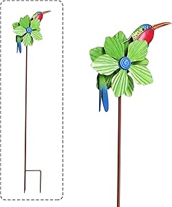 MorTime Hummingbird Wind Spinner Garden Stake, 41 Inch Decorative Flamingo Wind Sculpture Metal Green Flower Flamingo Windmill for Spring Outdoor Yard Lawn Pathway Decorations