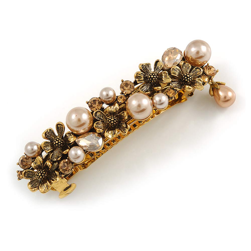 Vintage Inspired Caramel Faux Pearl, Champagne Crystal Floral Barrette Hair Clip Grip In Aged Gold Finish - 85mm Across