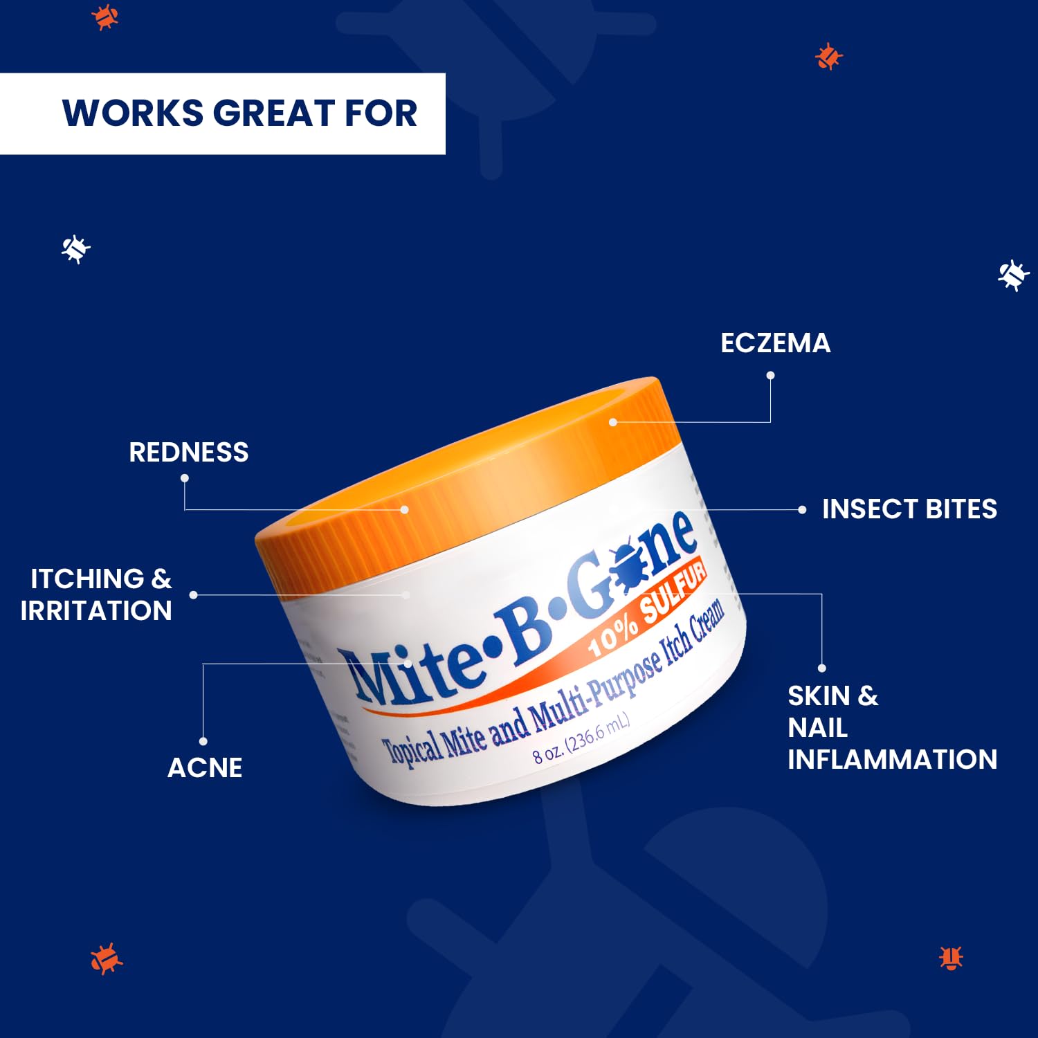 Mite Cream & Bite Relief - 10% Natural Blend Sulfur Cream for Multi-Purpose Bites, Redness, Itching, & Irritation | Safe for Kids and Adults | Fast & Effective for All Skin Types| 8 oz