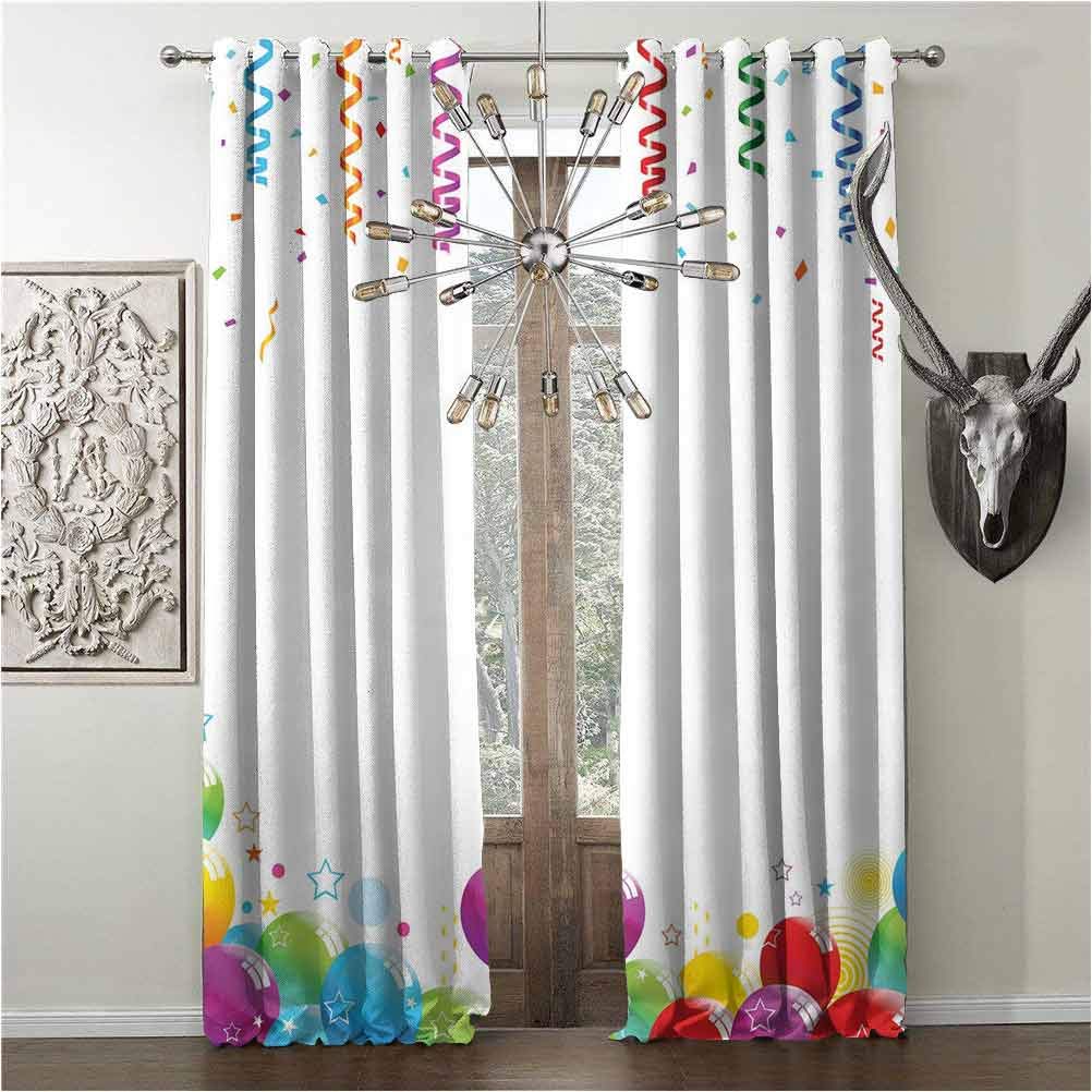 room-darkening curtains, Kids Party, pattern Design Shade curtain , Confetti Rain with Curls and Balloons Stars Dots Joyful Happy Greeting Concept, thermal insulated soundproof, Multicolor, W120 x L96