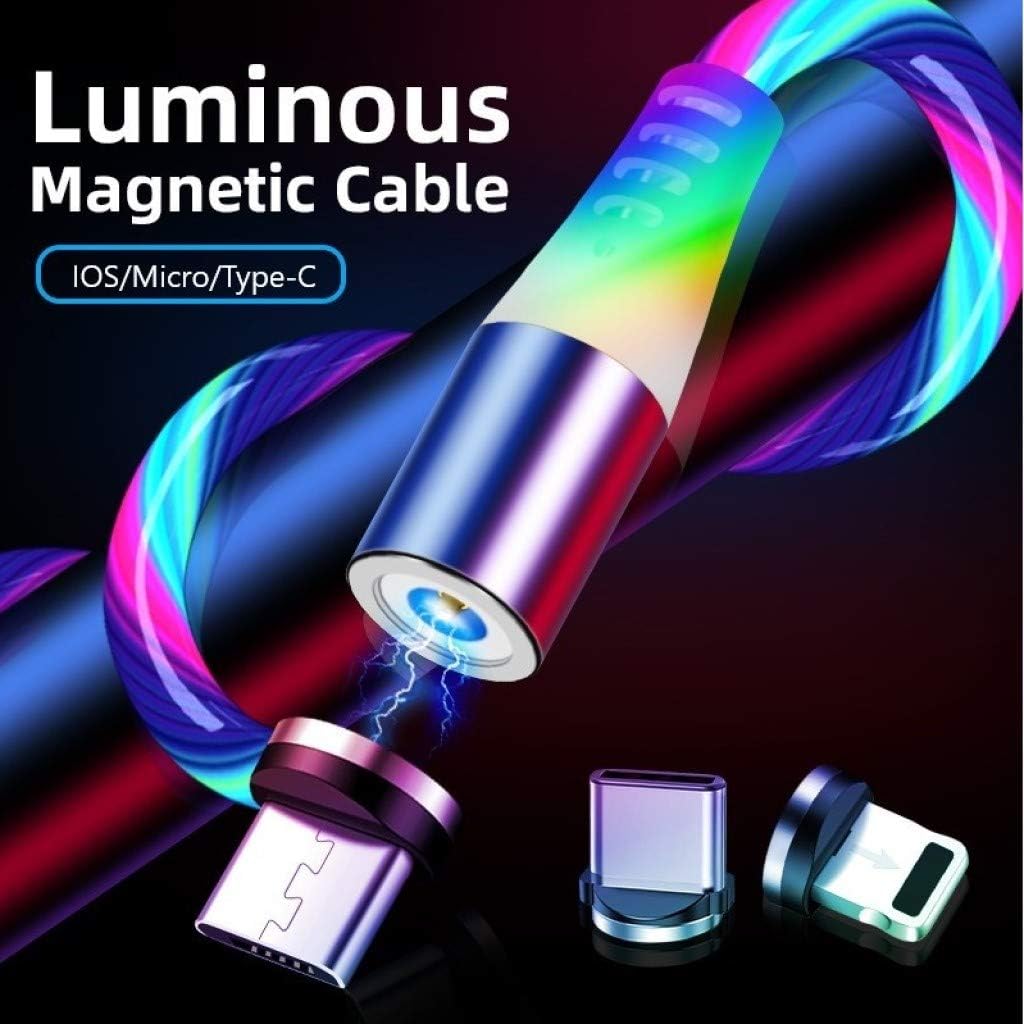 CompuPort 3 in 1 Magnetic Fast Charge LED Luminous Multi Colors Quick Connect 360° Visible Charger USB Cable (Compatible with Micro/iOS/Type-C USB)