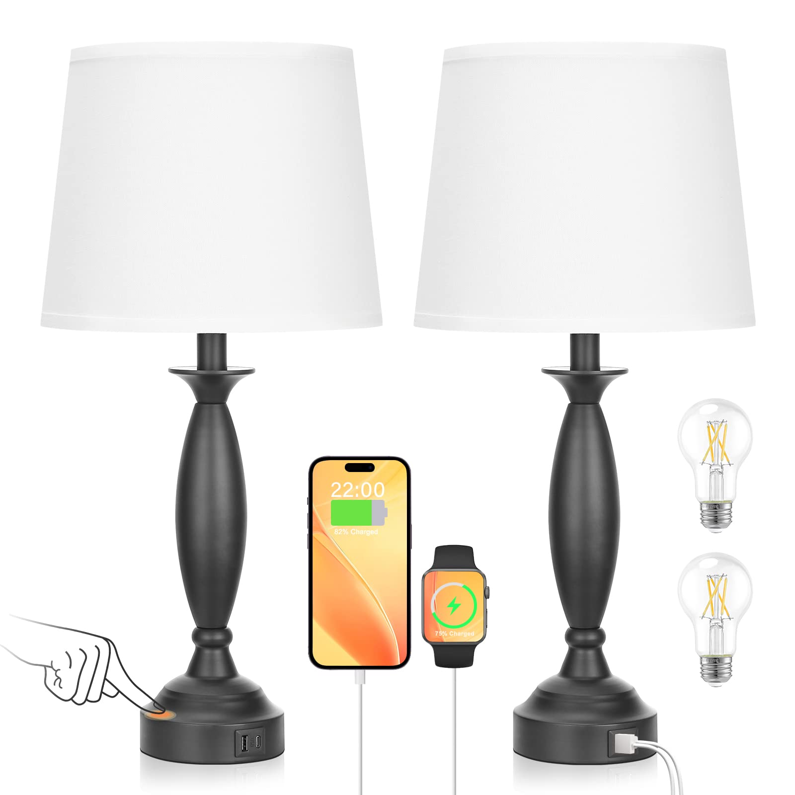 Photo 1 of White Lamps for Bedrooms Set of 2 - Touch Control Bedside Lamp with USB C+A, 3 Way Dimmable Nightstand Lamps with USB Port, Table Lamp for Living Room(White Shade and Black Base)
