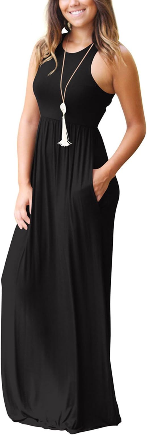 PORALA Womens Summer Sleeveless Raceback Loose Swing Casual Maxi Long Dresses with Pockets,Black,Medium