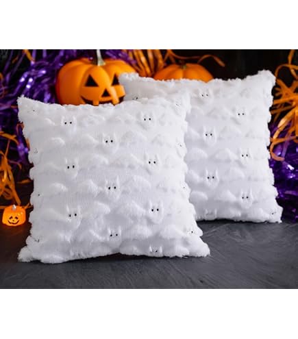 Pack De 2 Fundas De Almohada Halloween 45x45 Cm - Fantasmas Y Calabazas En Felpa Suave | Decoración De Otoño