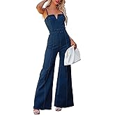 xxxiticat Women's Denim Jumpsuit Sleeveless Spaghetti Straps V Neck Wide Leg Flared Pants One Piece Overalls Jeans Romper