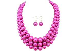 FASHION 21 Women's Simulated Faux Three Multi-Strand Pearl Statement Necklace and Earrings Set