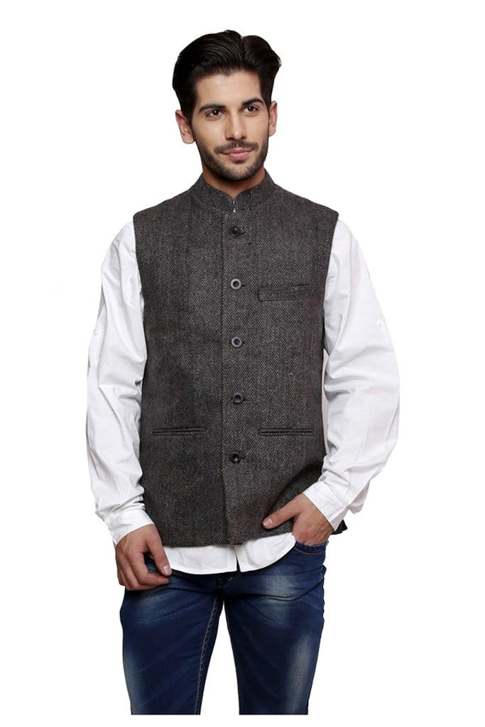 dhrohar men's woolen black textured nehru waistcoat