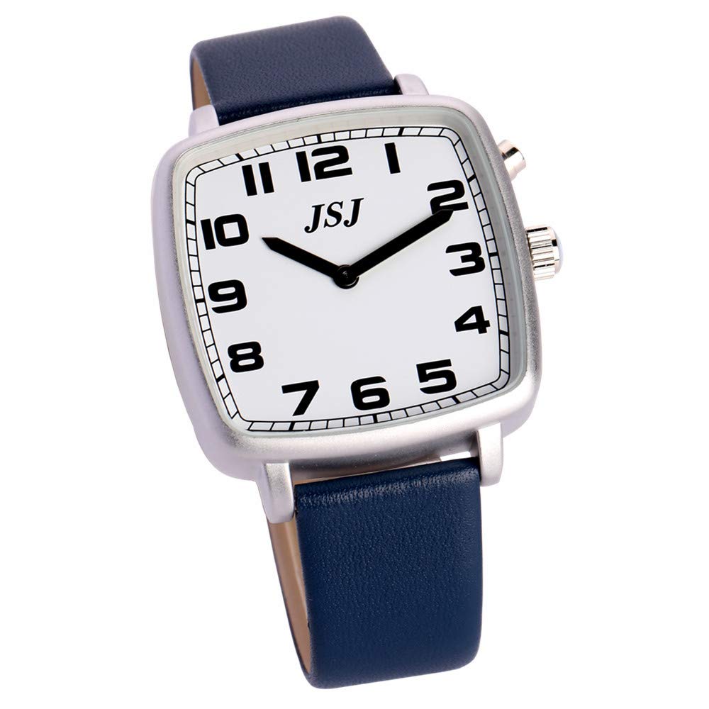 VISIONU Square English Talking Watch with Alarm,Talking Date and Time,White Dial,Blue Leather Band TESW-1705U