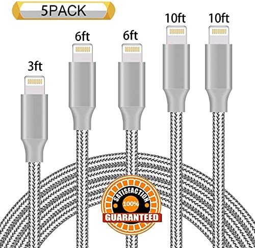 Suanna iPhone Charger 5Pack 3FT 6FT 6FT 10FT 10FT Nylon Braided Certified Lightning to USB iPhone Cable Cord for iPhone X 8 7 Plus 6S 6 SE 5S 5C 5, iPad 2 3 4 Mini Air Pro, iPod Nano 7 - Grey