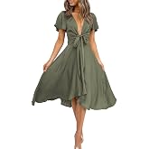 miduo Womens Satin V Neck Ruffle Short Sleeve Tie Front High Waist Midi A-Line Maxi Dresses