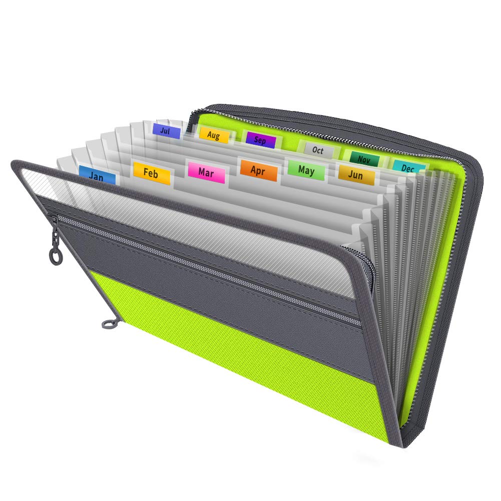Fun File Organiser, Expanding File Folder, Document Organiser Storage Box Files,13 Pockets Zip Accordian Filing Folders for Paperwork A4,Expandable Documents Wallet Paper Boxes with Tabs,Green