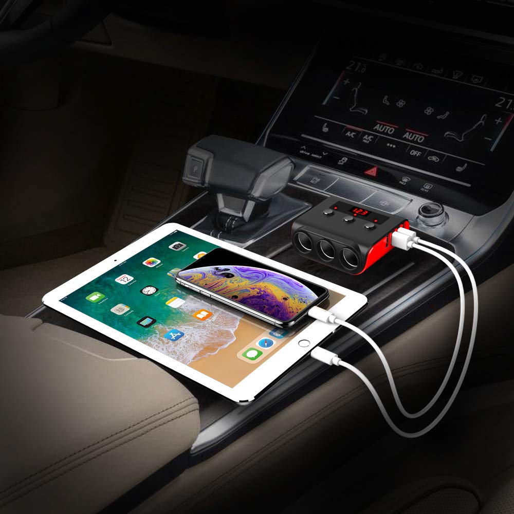 Auto Ladegerät Adapter, SONRU 3 Fach KFZ Zigarettenanzünder Verteiler mit 4 USB Ports, 120W 12V/24V DC Mehrfach Steckdose Splitter mit LED Voltmeter Getrennte Schalter für GPS/Dash Cam/Telefon 8