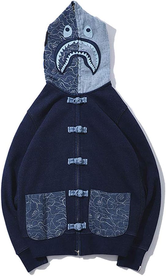 QYS Bape for Boys|Fashion BAPE Half Camouflage Shark Head Zip Sweater Blue Men Boys,L