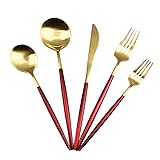 Red Handle Matte Gold Silverware Set,Gugrida