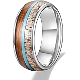 TRUMIUM 8mm Mens Wedding Band Real Deer Antler Koa Wood & Turquoise Inlay Tungsten Carbide Rings Engagement Band Beveled Edges Comfort Fit Size 6-13