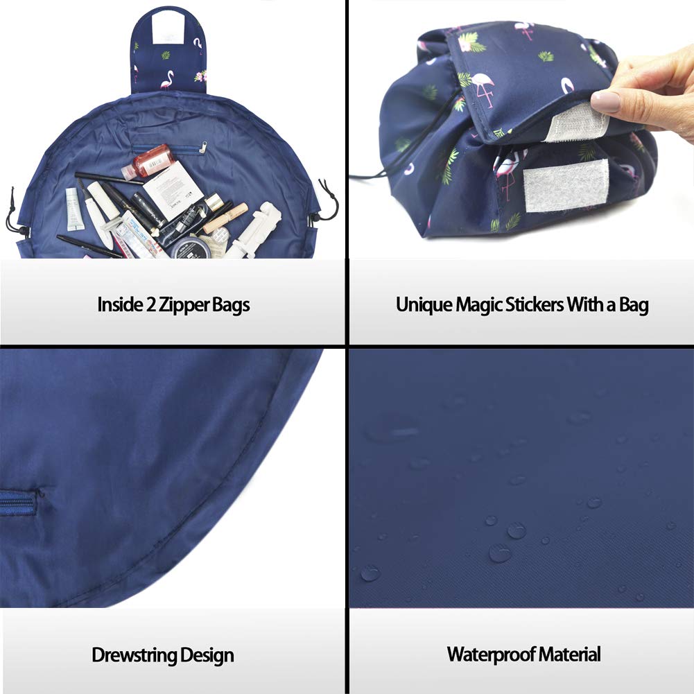 Lazy Drawstring Make up Bag Portable Large Travel Cosmetic Bag Pouch Travel Makeup Pouch Storage Organiser for Women Girl (Navy Flamingo)