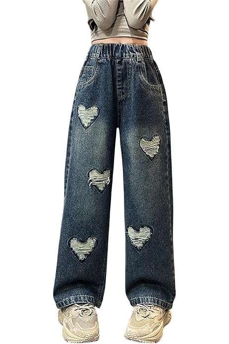 Girls Bow Jeans – High Waist Wide Leg Baggy Denim Pants, Y2K Preppy Streetwear – Cotton Blend, Straight Leg, With Pockets