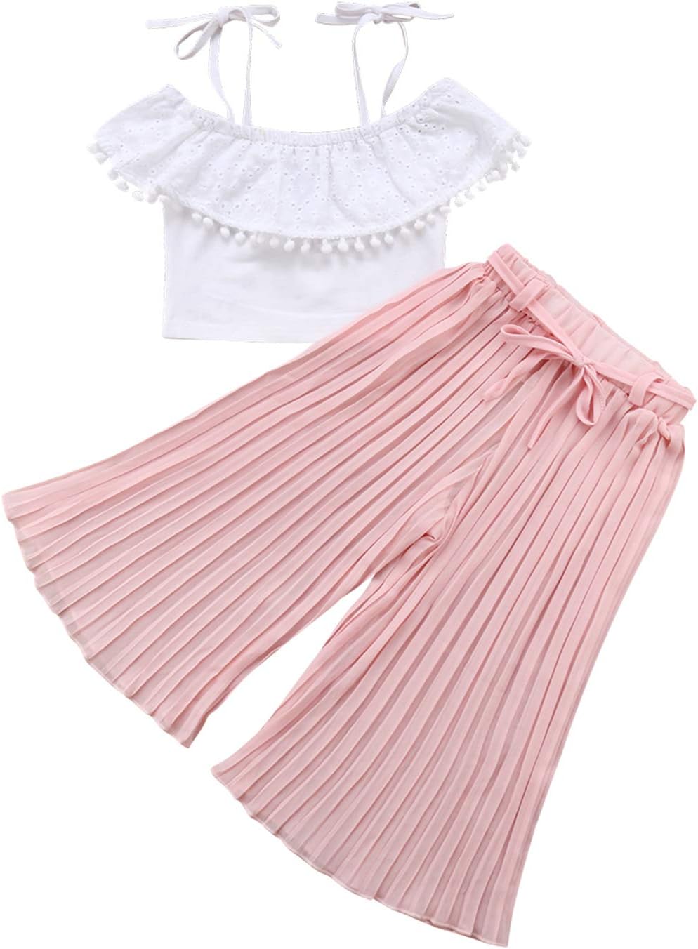 1-6T Baby Girl Pleated Wide Leg Palazzo Pants Outfits Halter Straps Off Shoulder Floral Vest Tops 2pcs Fall Outfit