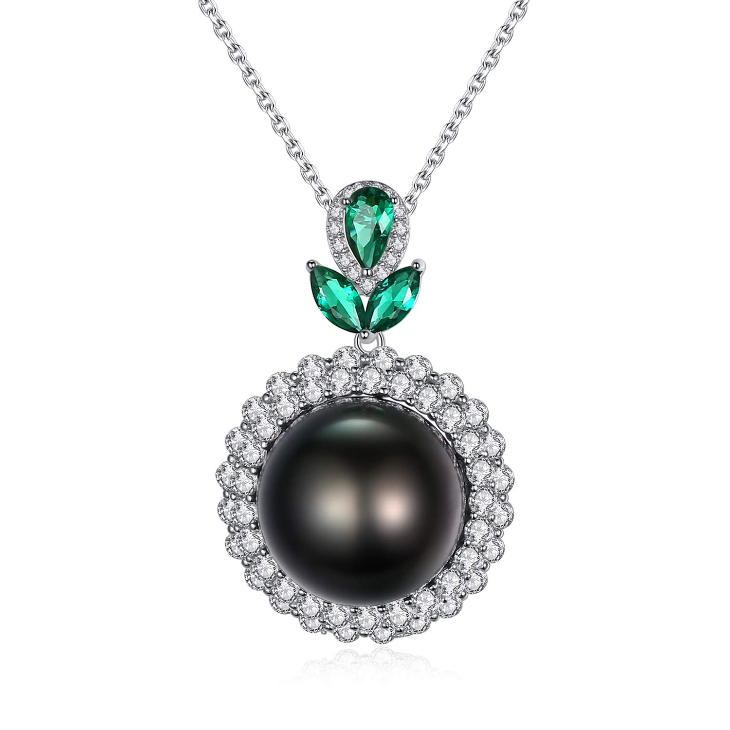 VIKI LYNN 12-13mm Round Tahitian Cultured Black Pearl Pendant Necklace 925 Sterling Silver CZ for Women