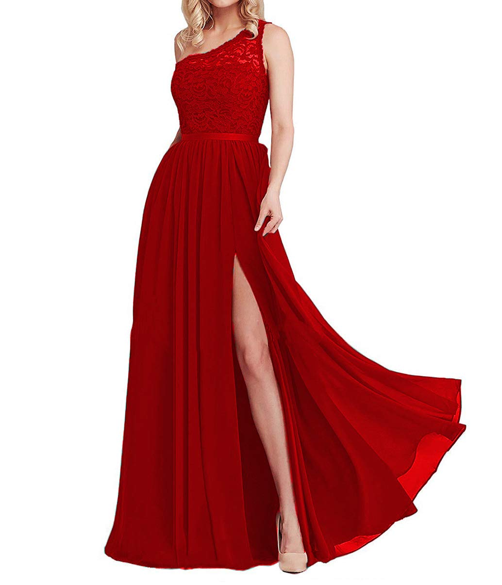 One Shoulder Bridesmaid Dresses Lace Long Split Chiffon Wedding Party