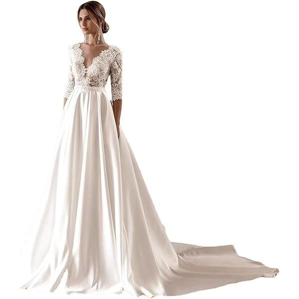 Women's Silk Satin V-Neck Lace Wedding Dress with Half-Sleeves, Embroidered  Ruffles, White (US, Numeric, 2, Regular, Regular, White) at Amazon Women's  Clothing store