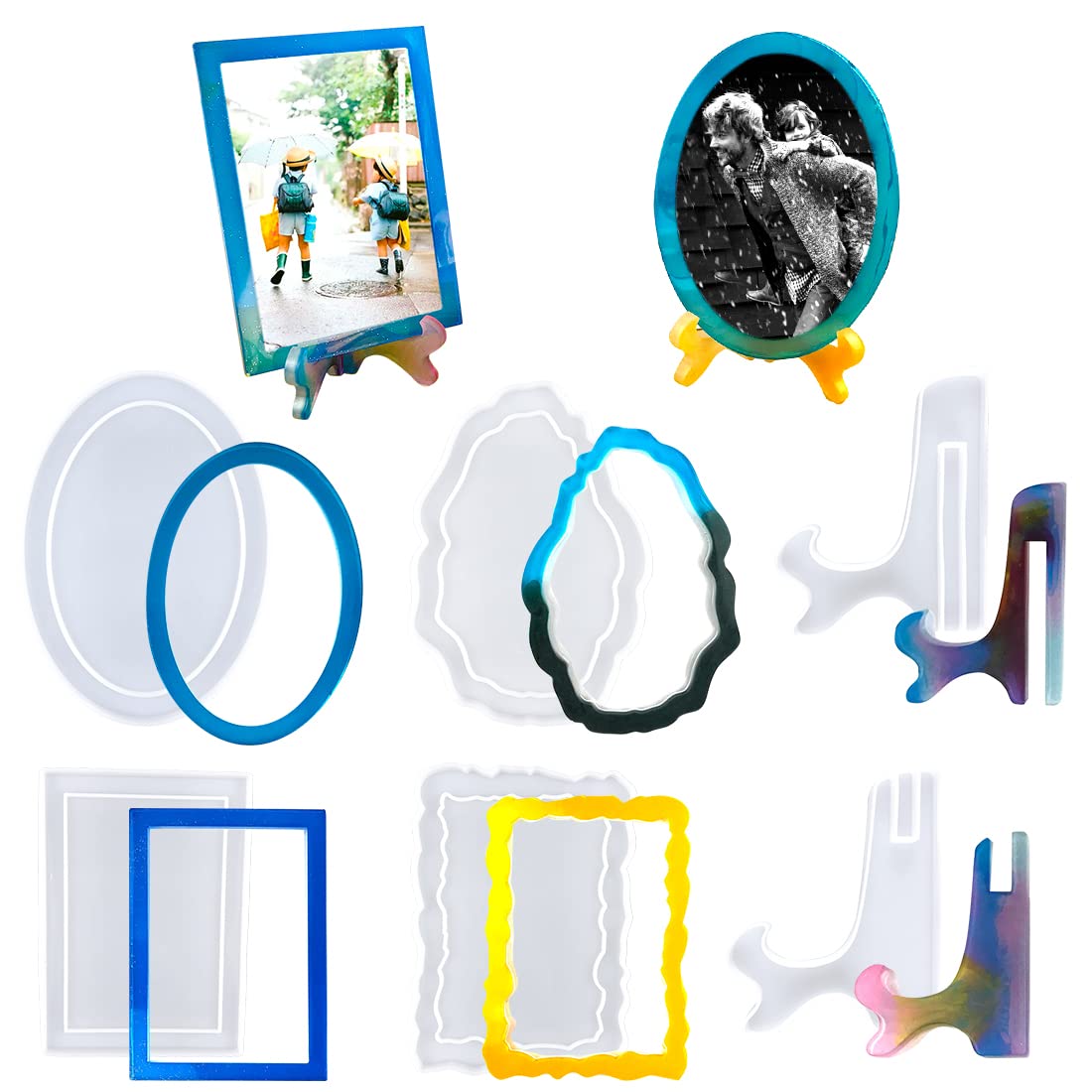 Voyyphixa 6PCS Photo Frame Silicone Mold Kit, Oval Square Photo Frame Stand Resin Molds Picture Frame Epoxy Resin Molds for Photo Display Household