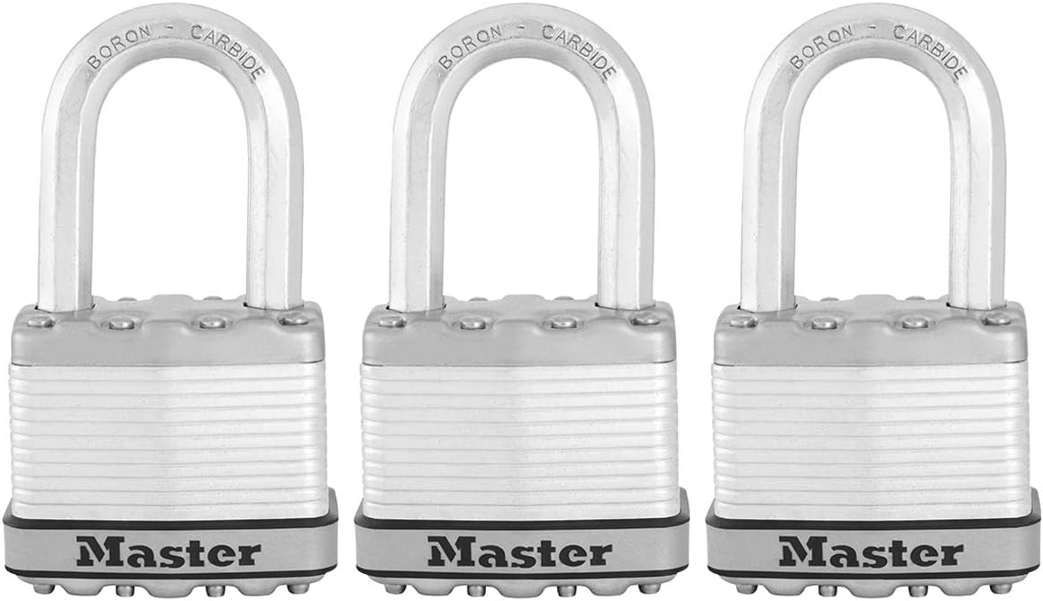 MASTER LOCK Pack of 3, Heavy Duty Padlocks, Security Level 9/10, Outdoor, Keyed, Laminated Steel, Weatherproof, Medium Shackle