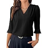 EVALESS Women's 3/4 Sleeve Tops Dressy Casual Pleated V Neck Business Work Blouses Office Shirts
