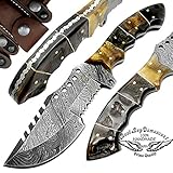 Ram Horn 9.5'' Tracker Fixed Blade Custom Hand Made Damascus Steel Hunting Knife 100% Prime Quality
