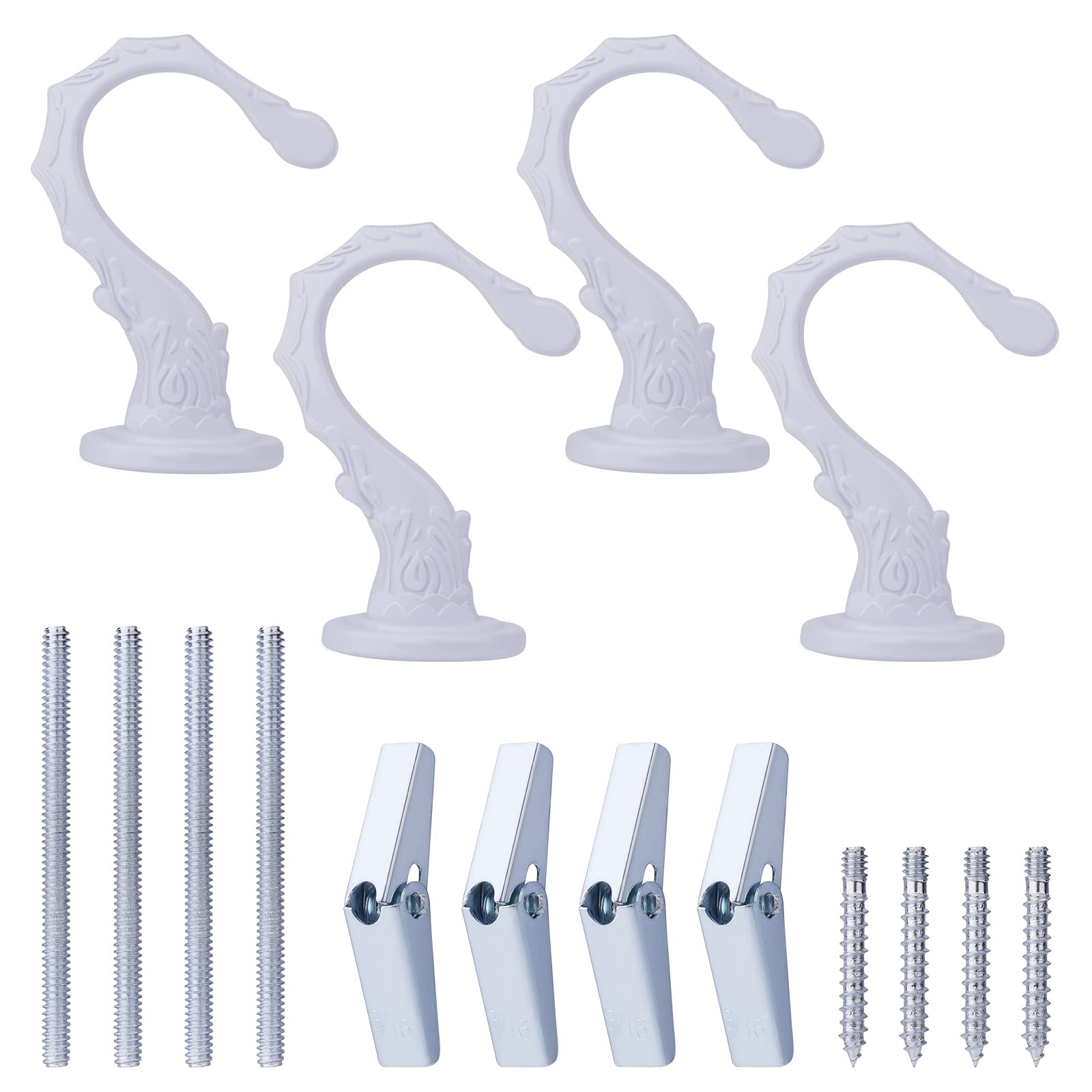 AIEX 4 Sets Ceiling Hooks, Plant Hooks for Ceiling with Screws Bolts and Toggle Wings, Ceiling Swag Hooks Heavy Duty for Installation Cavity Wall (White)