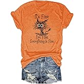 Women's I'm Fine Everything is Fine T-Shirts Short Sleeve Sayings Loose Fit Casual Cute Cat Graphic Tee Blouse Tops