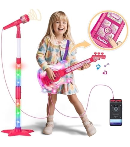 Ensemble Guitare Et Microphone Pour Enfant – Jouet Musical Avec Lumière, Support Réglable, 6 Boutons De Musique – Dès 3 Ans