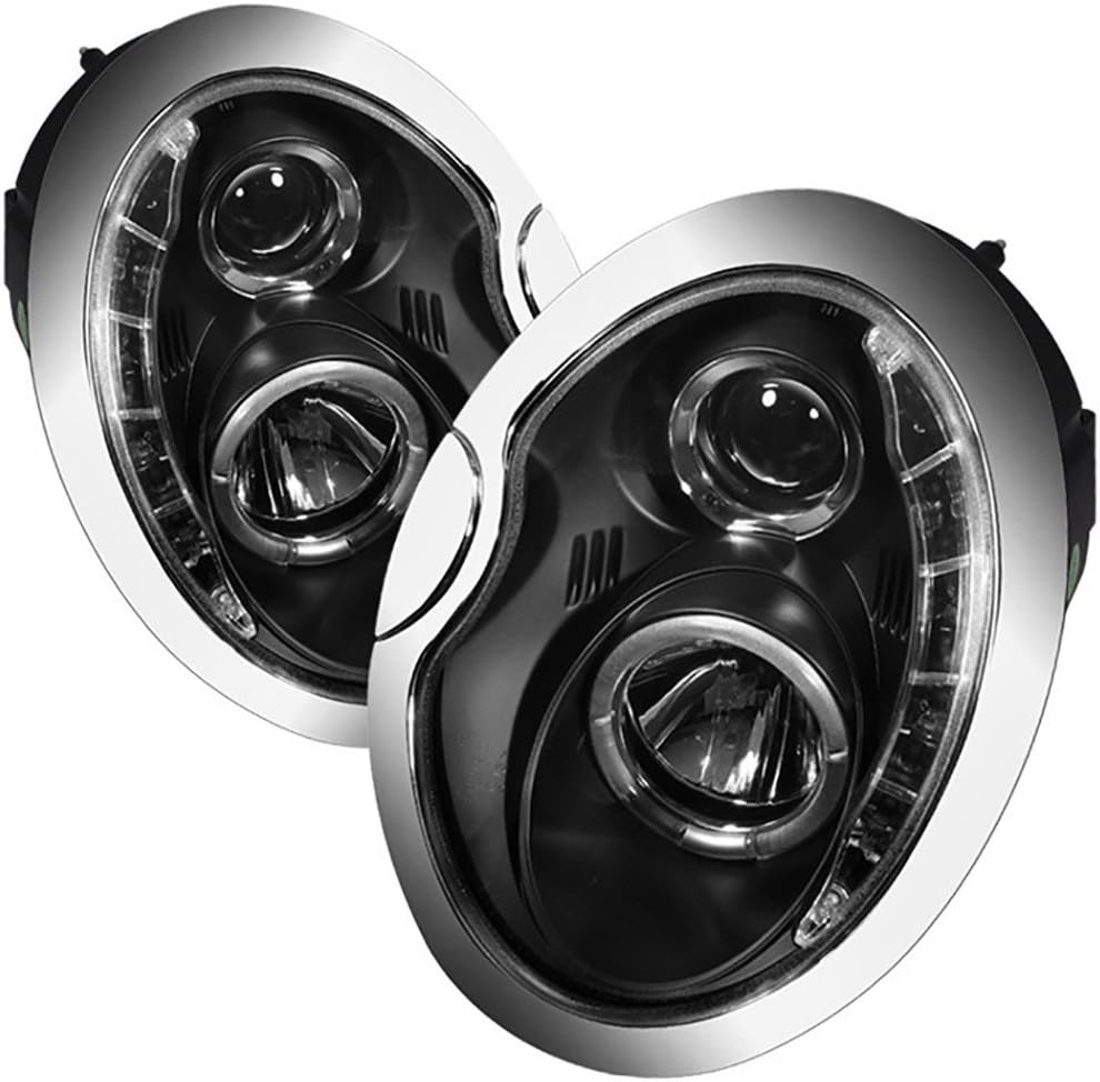 [For 2002-2008 Mini Cooper R50 R52 R53 Halogen Model] LED Strip Black Housing Projector Headlight Headlamp Assembly, Driver & Passenger Side