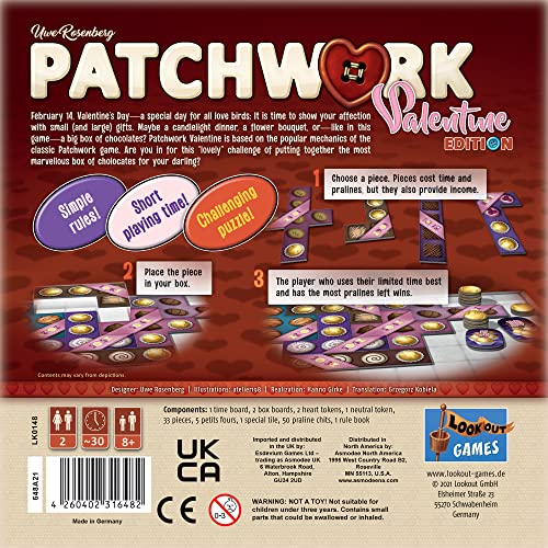 Patchwork Board Game Valentine's Day Edition Strategy Game Puzzle