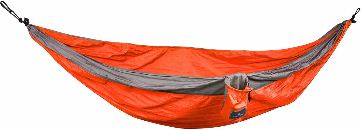 Double Parachute Camping Hammock by Arkadia | Lightweight Nylon, Packable, Great for Travel with free Carabiners and Starter Straps Orange/Grey