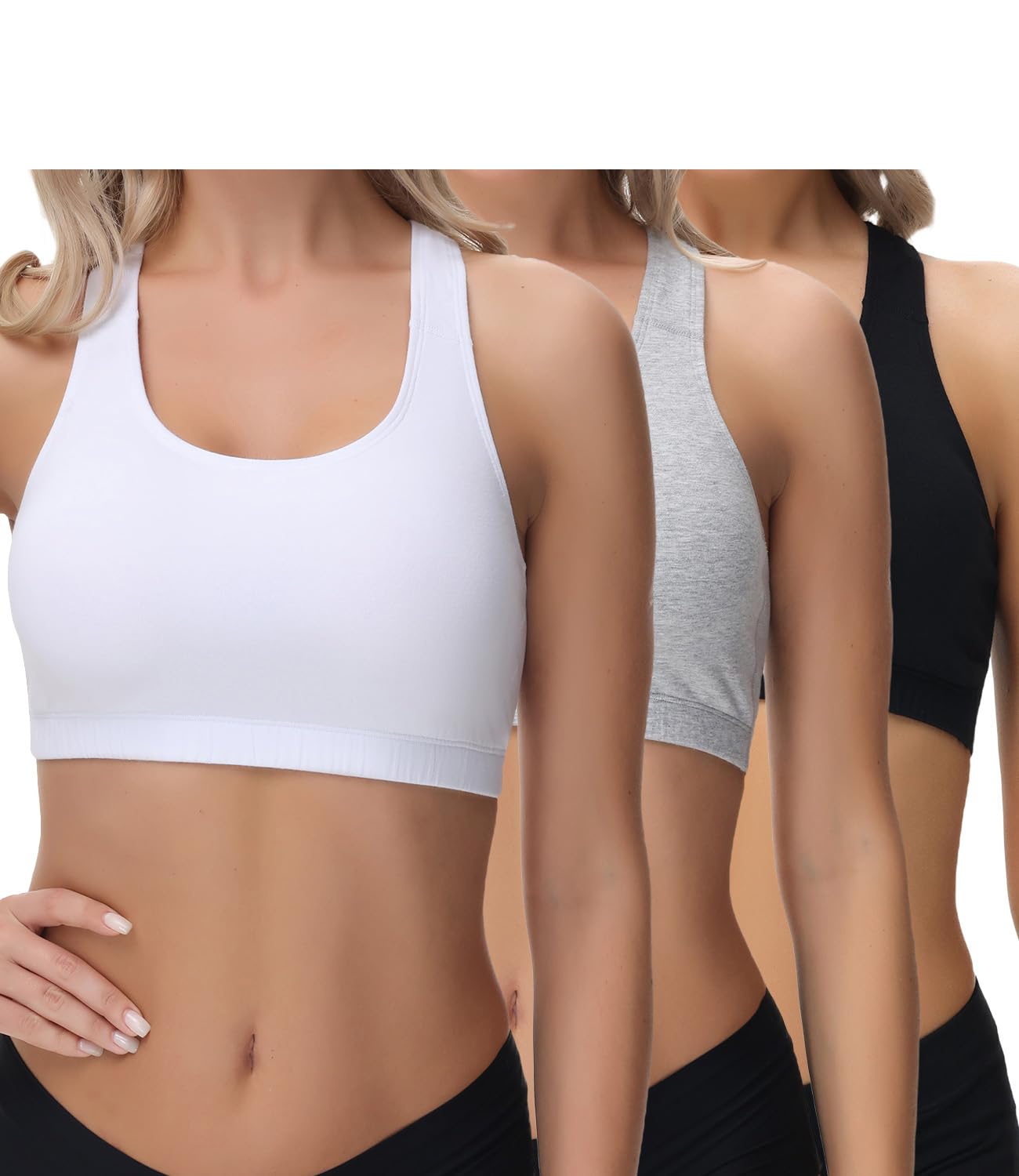 Photo 1 of wirarpa Women's Bralette Cotton Racerback T-Back Bralettes Crop Top 3 Pack, Black, Grey, White, Small