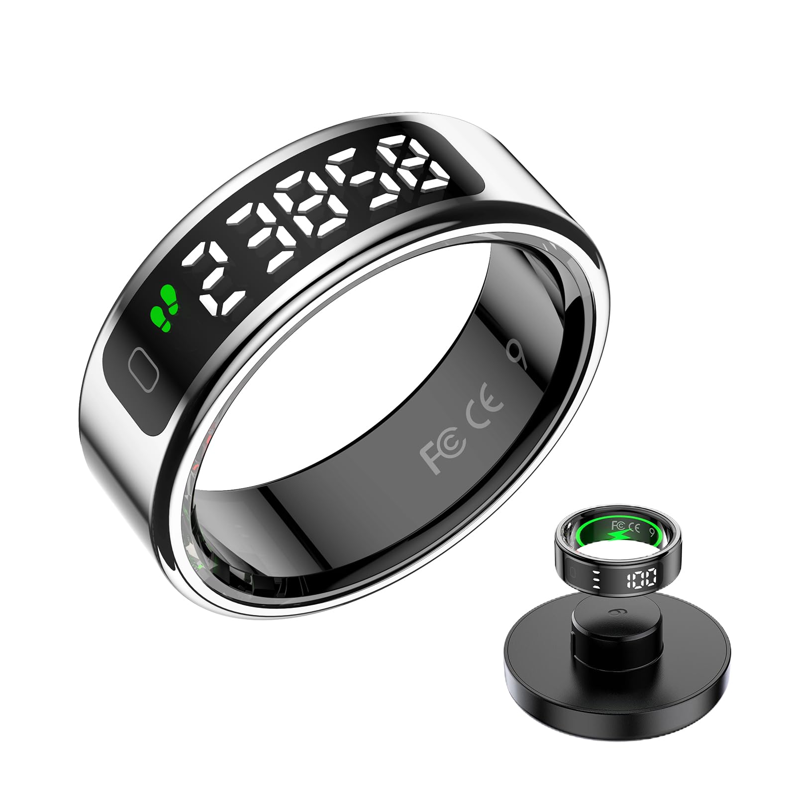 LEDスマートリングヘルストラッカー、ワイヤレス充電リング、男性&女性用健康リング、防水フィットネストラッカー(シルバー、9#)商品画像