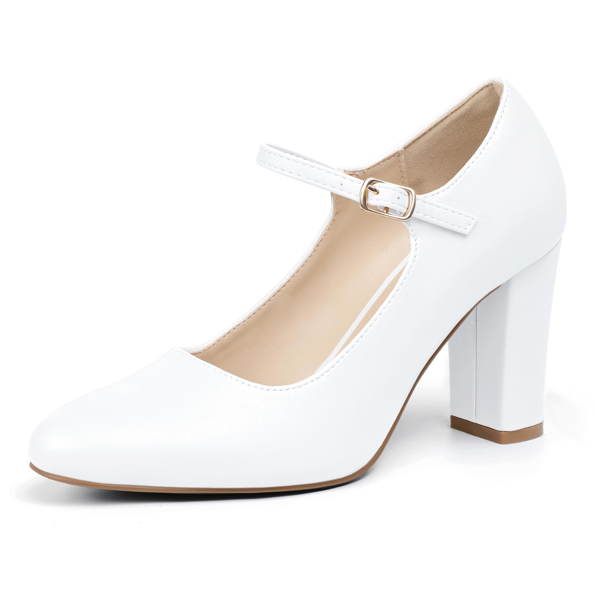 white dress shoes for graduation IDIFU Pumps Mary Jane Women Closed Toe High Chunky Block Heels Dressy Wedding Bride Prom Heels Comfortable Formal Vintage Round Toe Pumps Shoes(White Pu, 6) for sale college graduation shoes