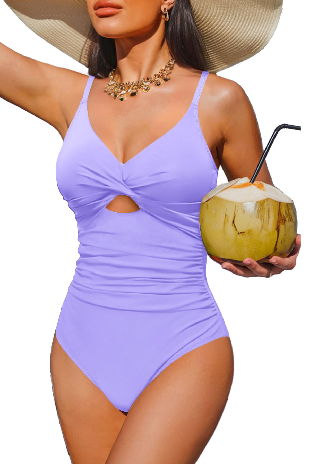 Photo 1 of Tempt Me Lavender Purple Women One Piece Swimsuit - Tummy Control Bathing Suits Cutout V Neck Twist Front Swimwear L