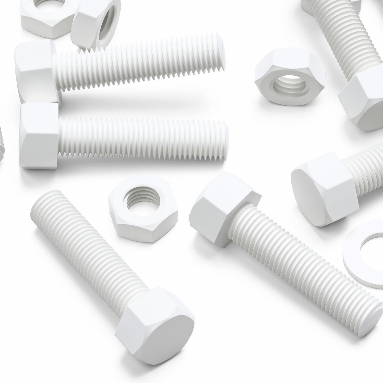 5X White Hex Head Screws Polypropylene (PP) Plastic Nuts and Bolts, Washers, M16 x 65mm,