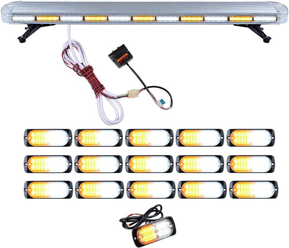 Set 1pc 51" 96-LED 96W Emergency Warning Security & 16pcs Super Thin 20 LED Construction Hazard Dash Grille mini Strobe Light Bar Tow Truck Respone (AMBER/WHITE)