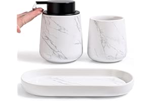 BosilunLife Marble Bathroom Accessory Set - 3 pcs Ceramic Bathroom Soap Dispenser Set Farmhouse Bathroom Counter Decor Set Accessories, Soap Dispenser and Toothbrush Holder, Tray