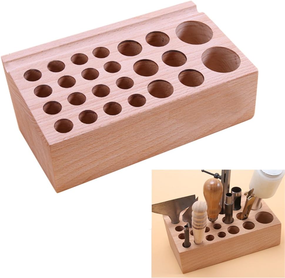 AMPSEVEN 24 Holes Wooden Stamp Stand Organiser Holder for Storing leathercraft Punches Tool