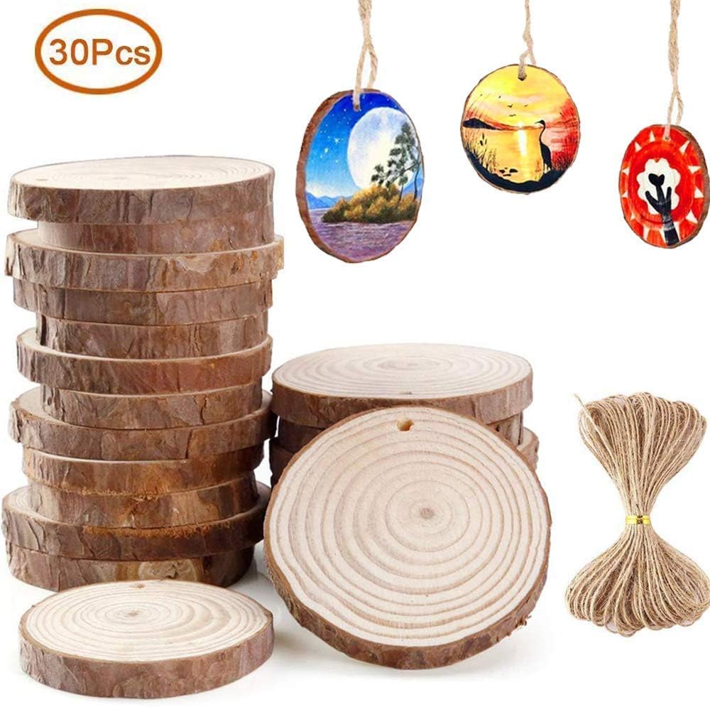 Natural Wood Slices 2.4"-2.8" DIY Crafts Wood kit Unfinished Predrilled Round Discs Hole Wooden Circles with 33 Feet Natural Jute for Rustic Wedding Ornaments Home Hanging Decorations 30pcs