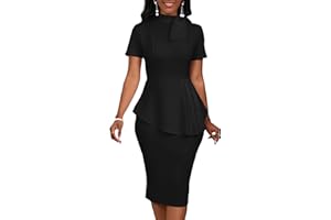 PERZEAL Women's Fashion Peplum Bodycon Short Sleeve Work Dresses Bow Club Ruffle Pencil Formal Cocktail Dress