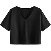 SweatyRocks Women's Casual V Neck Short Sleeve Soild Basic Crop Top T-Shirt