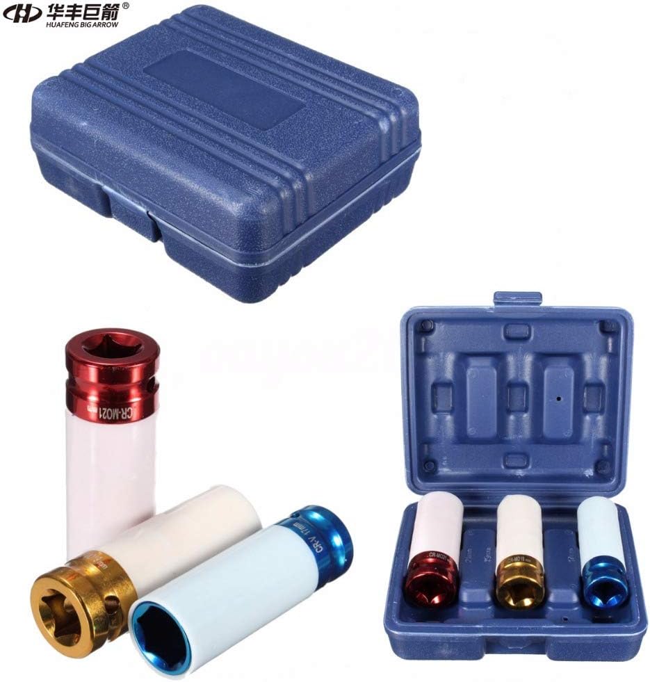 TOLOVI HUAFENG BIG ARROW 3PC Non- Marring Lug Nut Socket Alloy Thin Wall Wheel Nut Deep Impact Socket Drive Set 17mm 19mm 21mm CR-MO NEW